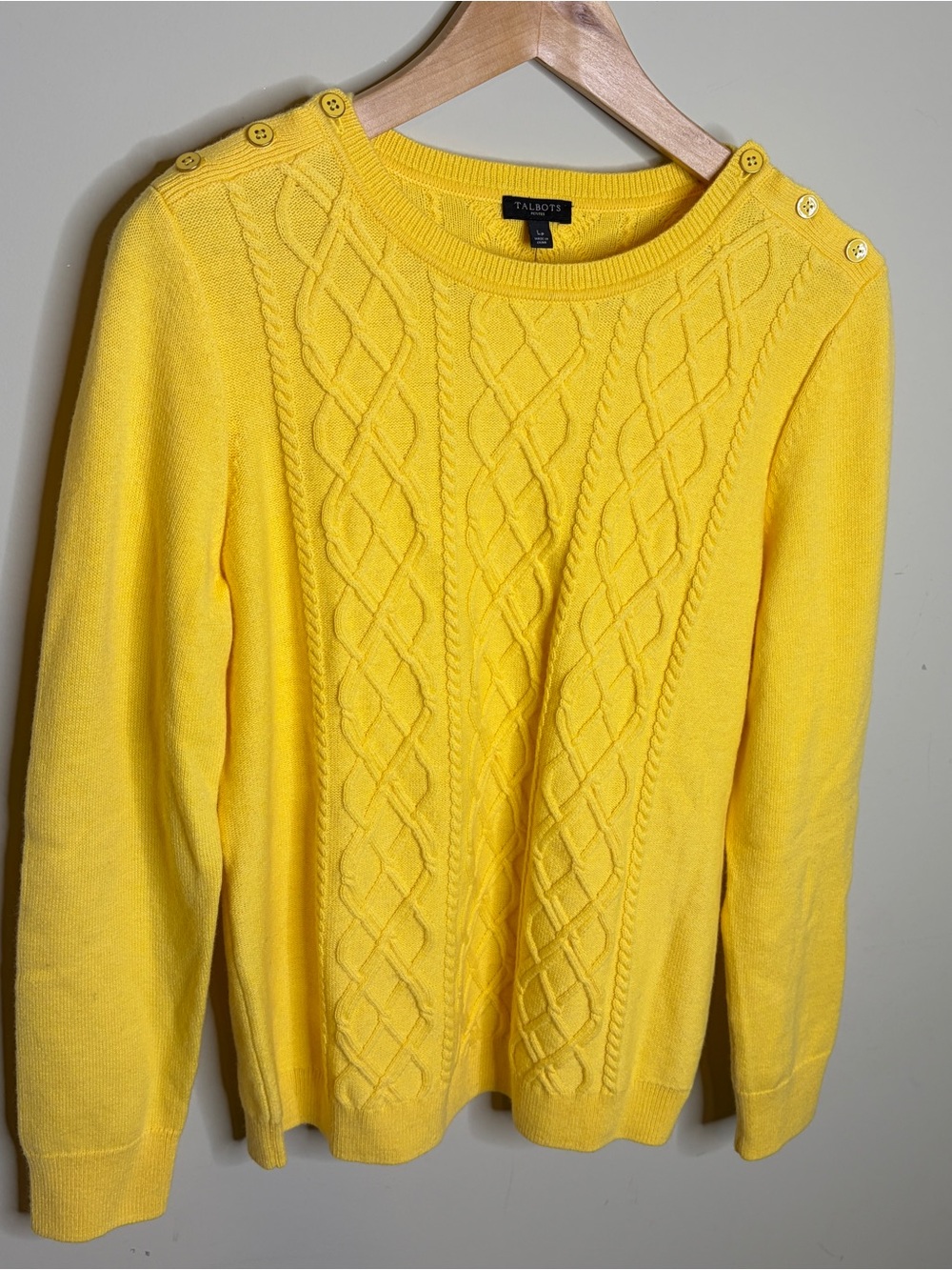 Talbots Butter Yellow Cable Knit Button-Shoulder Sweater Petite Large
